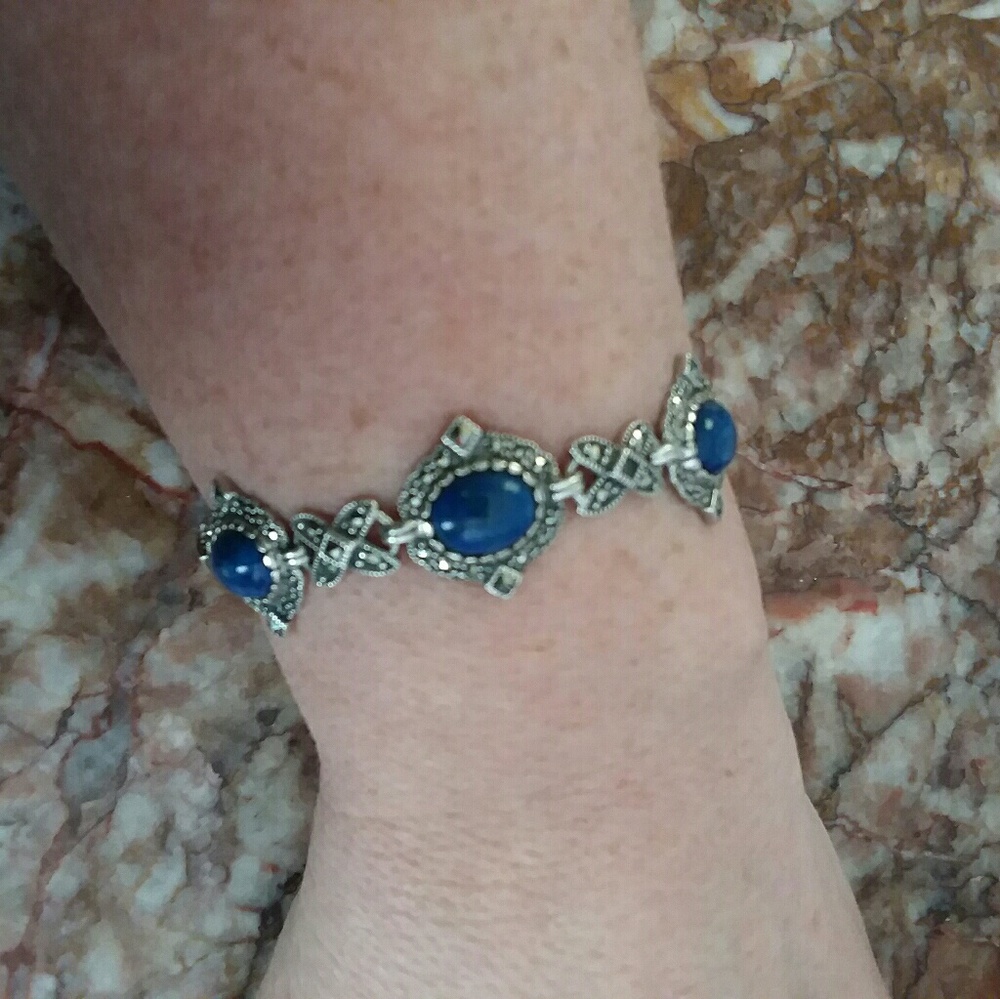 Lapis marcasite Station Bracelet 7.5" - Picture 6 of 7